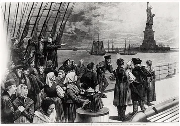 New York - Welcome to the land of freedom - An ocean steamer passing the Statue of Liberty - scene on the steerage deck, illustration from 